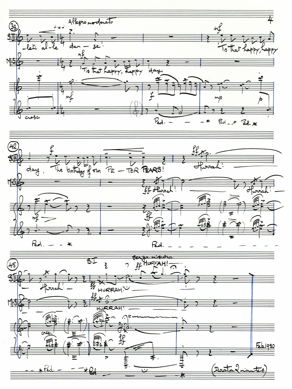 Last page of ‘A Greeting’ (bars from the birthday chorus in Purcell’s The Fairy Queen and from Welcome Scene Act II of Gloriana)