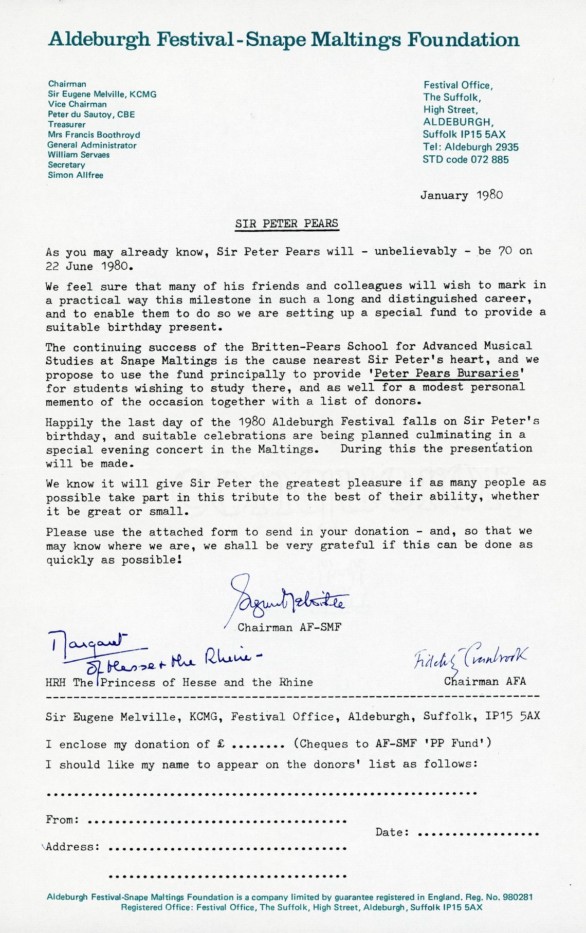 Letter to Festival friends asking for donations towards a Peter Pears Bursary Fund.