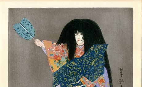 Japanese illustration of a figure with long black hair in a kimono