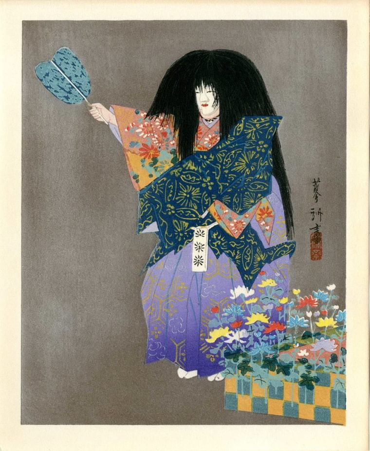 Japanese illustration of a figure with long black hair in a kimono