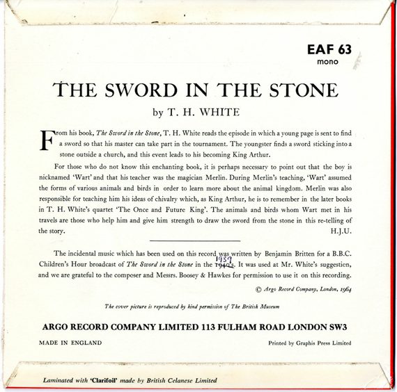 Mono recording of T.H. White reading from The Sword in the Stone, Argo Record Company Limited EAF 63, 1963