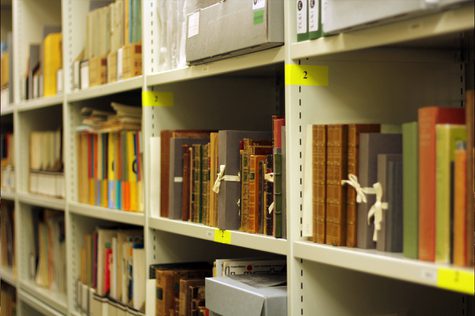 A series of books in a bookshelf.