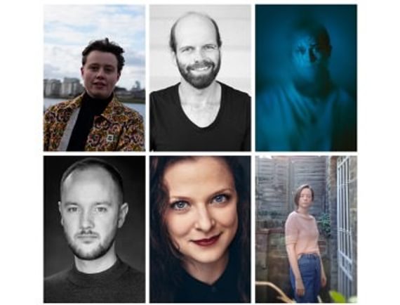 Collage of six images showing head and shoulders of four men and two women