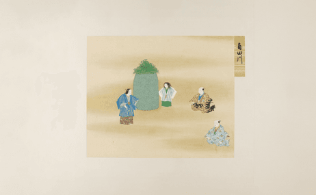 Japanese painting showing four figures gathered around a tree